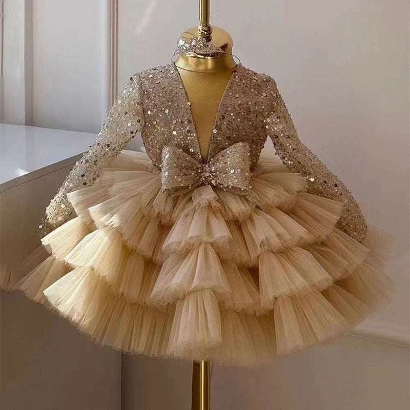 Abito Cerimonia Bambina in Tulle Champagne con Paillettes e Maxi Fiocco