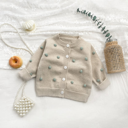 Completo Maglia Beige per Bambina - Cardigan e Salopette con Dettagli a Pois