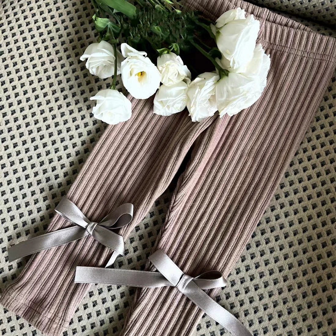 Leggings Bimba a Costine con Fiocchi in Raso