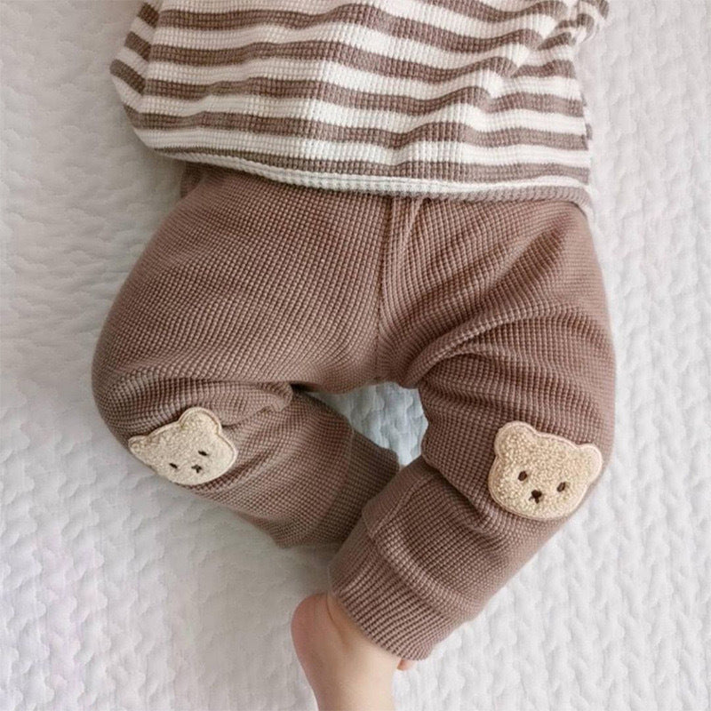 Pantalone bimbo/bimba in cotone a costine con patch orsetto – Set 2 colori