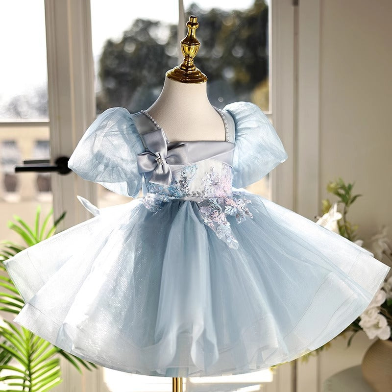 Abito da Cerimonia Bambina Azzurro con Fiocco e Fiori Ricamati
