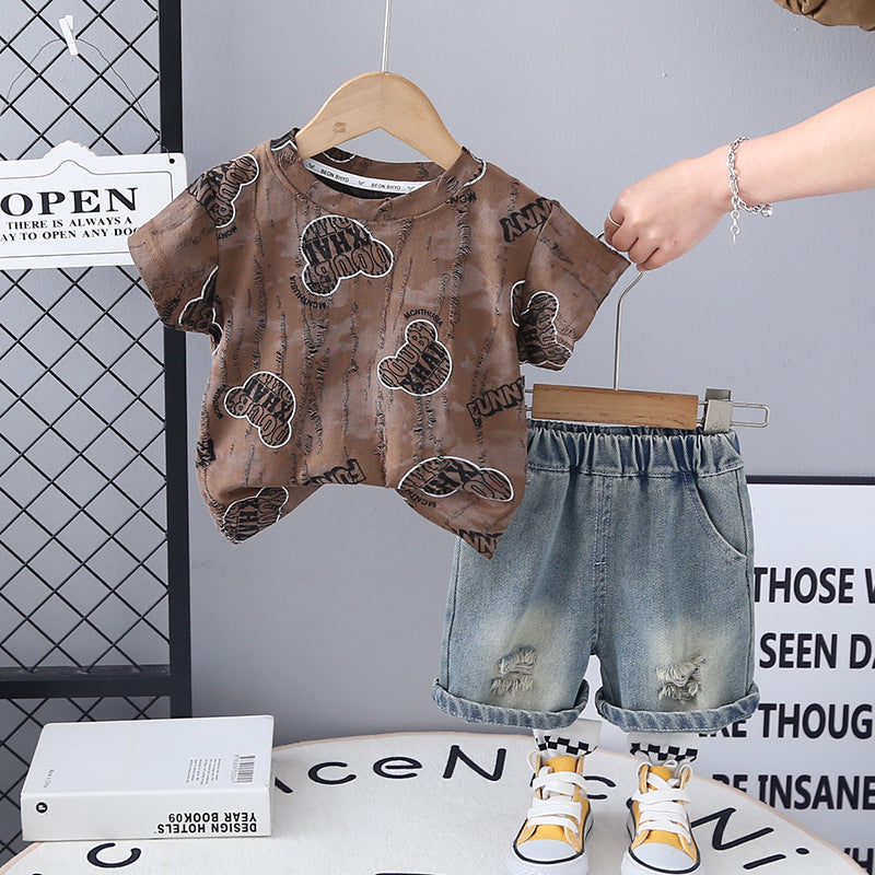 Completo Estivo Bimbo  T-shirt "Funny" con Stampa Cartoon e Shorts in Jeans