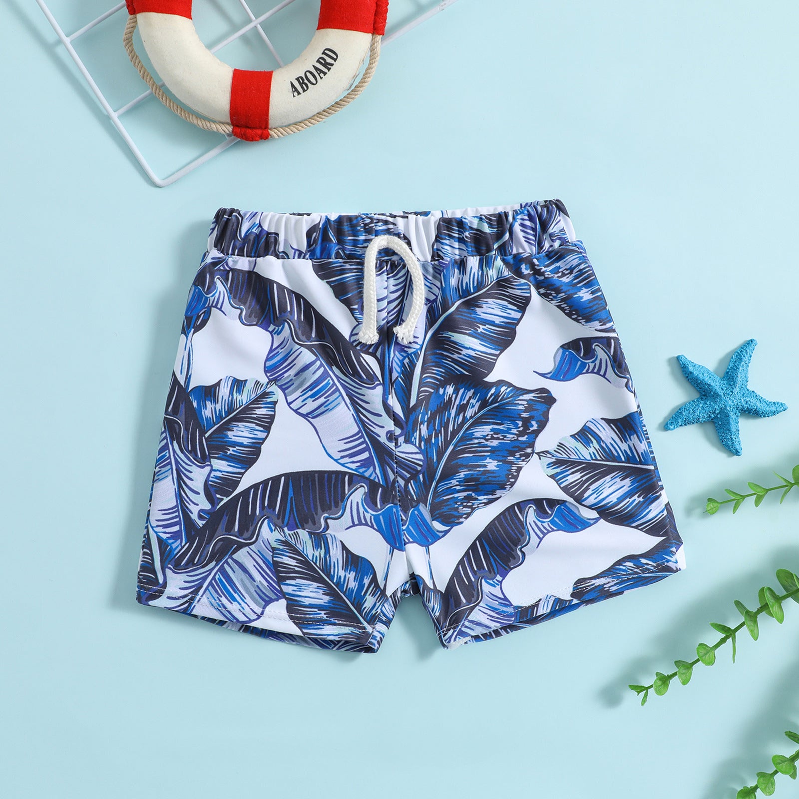 Costume Mare Bambino con Fantasia Tropicale Foglie Blu