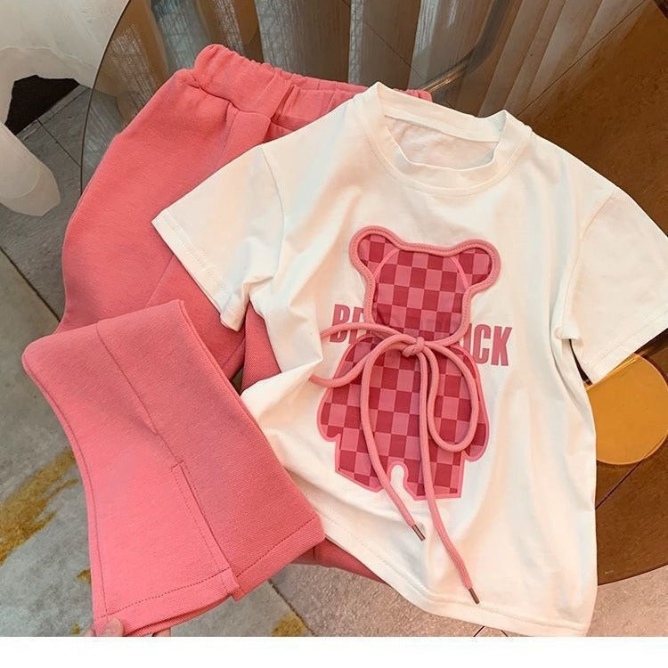 Completo Bambina “Bear Check” Rosa – T-shirt + Pantalone Jogger