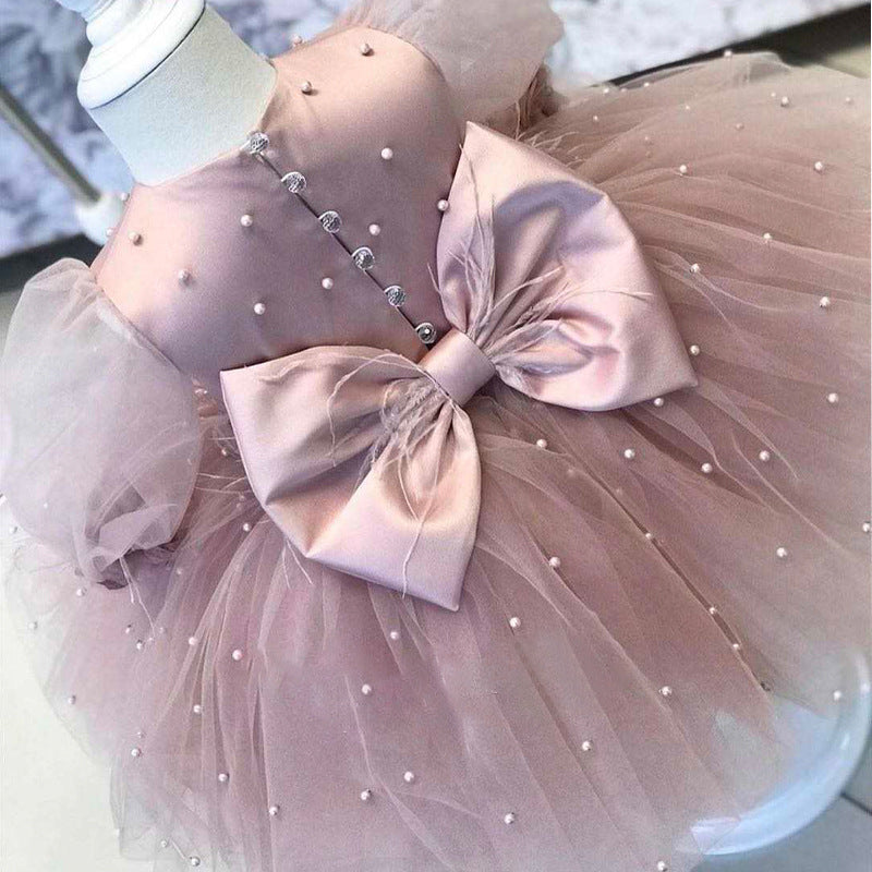 Vestito da Cerimonia bimba rosa con tulle con fiocco