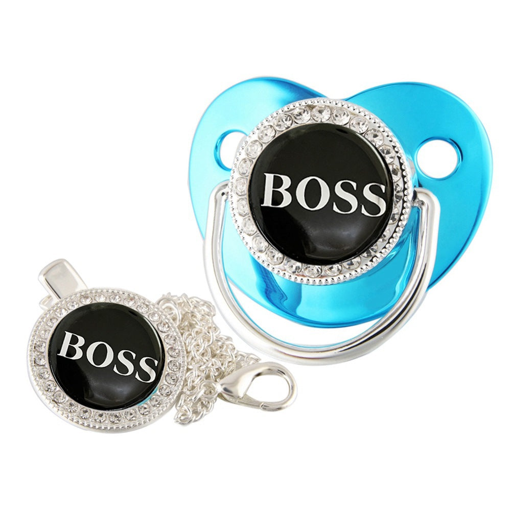 Set Ciuccio con Catenella “BOSS” – Design Elegante con Strass argento