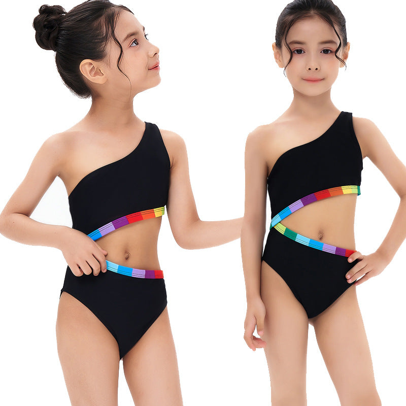Costume intero bambina monospalla - Nero con dettagli arcobaleno