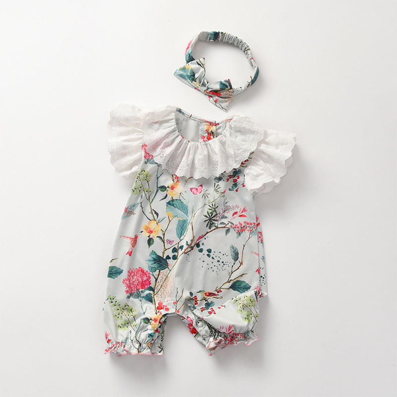 Pagliaccetto Estivo per Neonata con Stampa Floreale e Fascia Coordinata