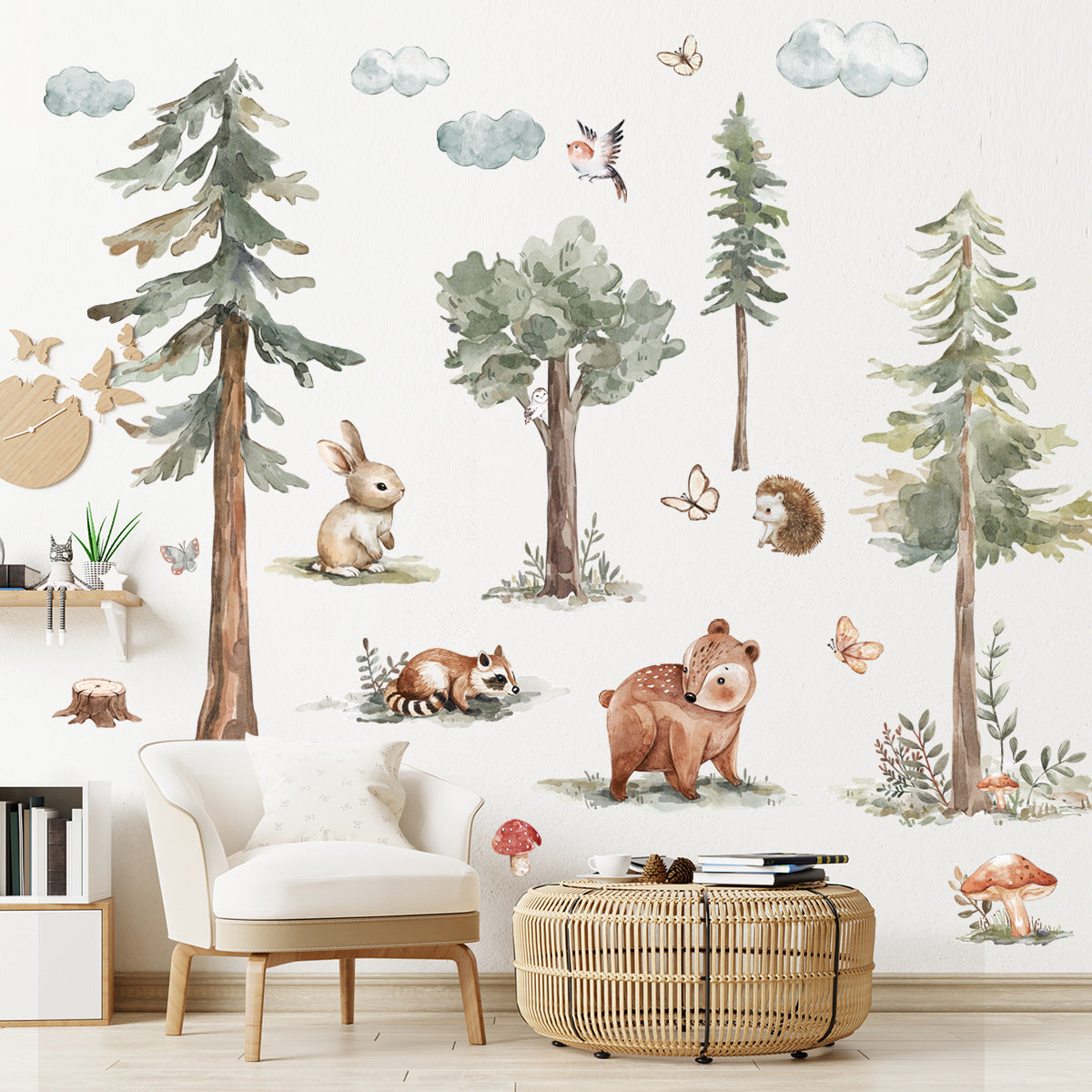 Adesivi Murali Bosco con Animali – Alberi, Orsetto, Coniglio e Farfalle – Decorazioni Cameretta Bambini