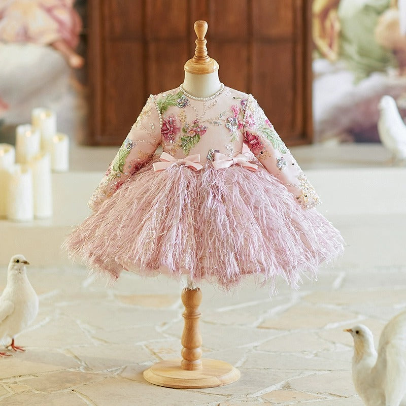 Abito Cerimonia Bimba Rosa con Fiori Ricamati e Gonna in Piume