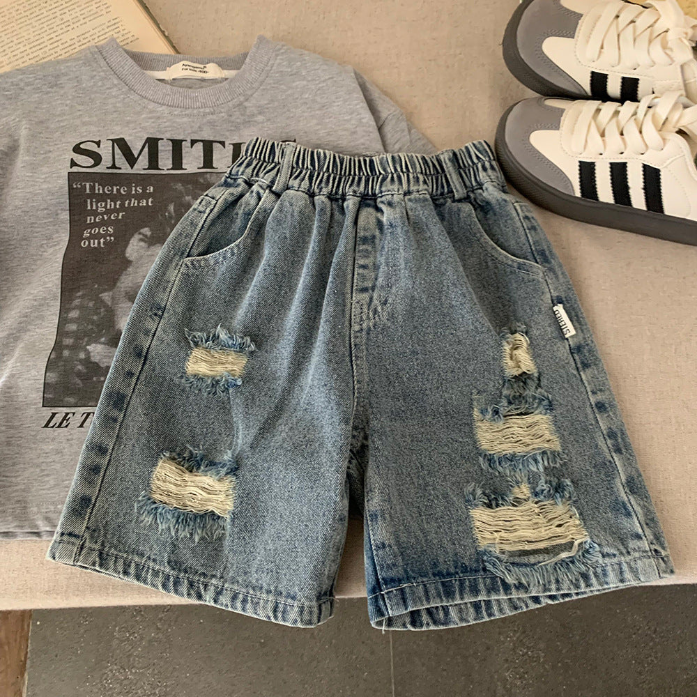 Shorts Bambino in Jeans con Effetto Strappato