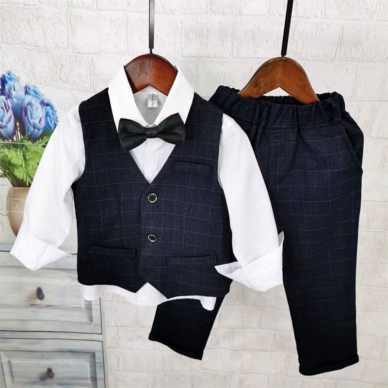 Completo Elegante Bambino 3 Pezzi con Gilet e Papillon– Nero Quadri