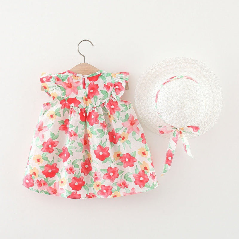 Vestitino Floreale con Cappellino Coordinato – Rosa e Verde