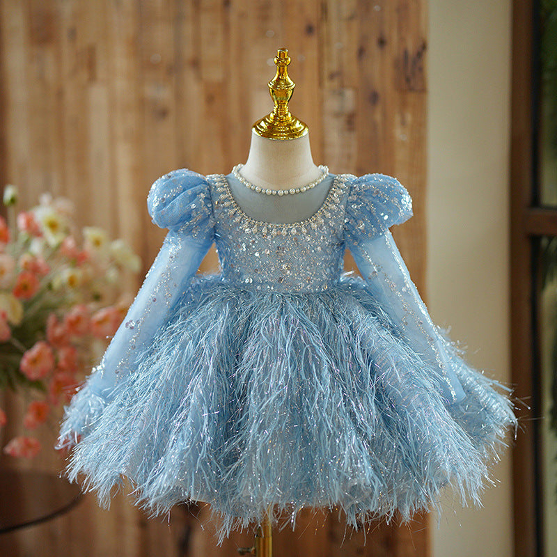 Abito da Cerimonia Bambina - Tulle Azzurro con Piume e Paillettes