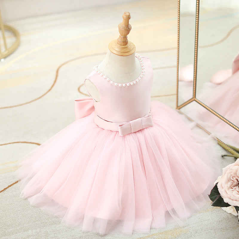 Abito da Cerimonia Bambina Rosa con Fiocco e Dettagli in Perle