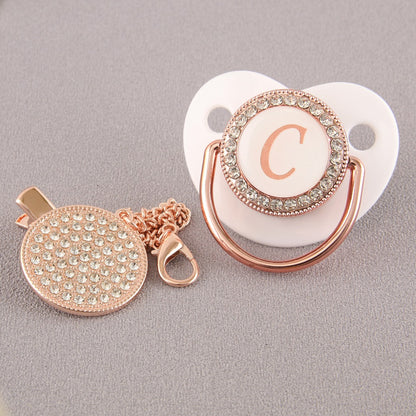 Set Ciuccio Luxury Bianco e oro rosa con Clip – Personalizzato con Iniziale (6-12 mesi)