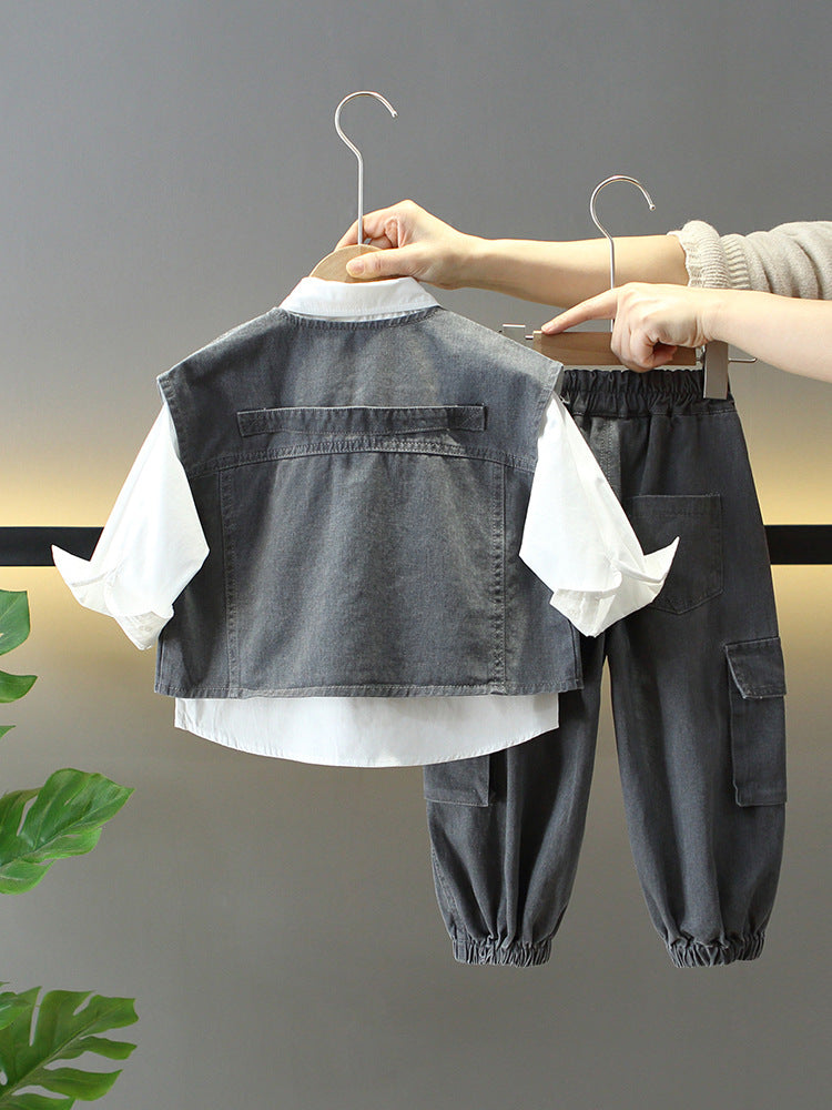 Completo  Bambino 3 Pezzi – Camicia, Gilet Jeans e Pantaloni Cargo