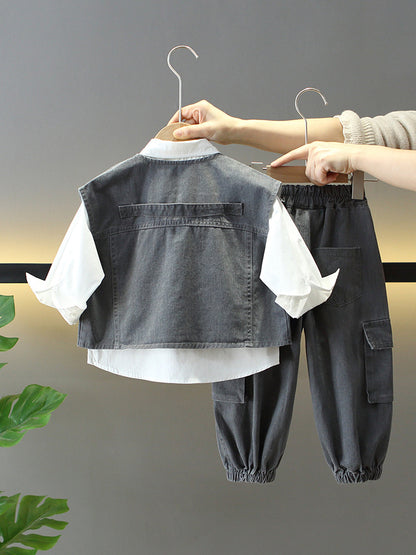 Completo  Bambino 3 Pezzi – Camicia, Gilet Jeans e Pantaloni Cargo