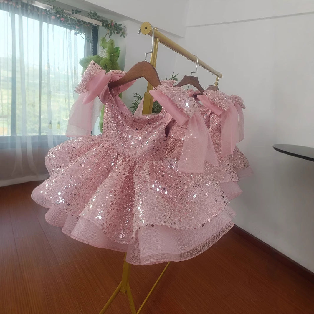 Abito da Cerimonia Bambina Rosa con Paillettes e Maxi Fiocchi