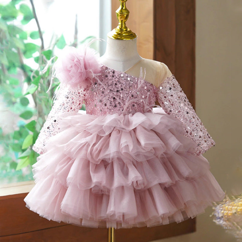 Abito Elegante Bambina Rosa con Paillettes e Gonna in Tulle