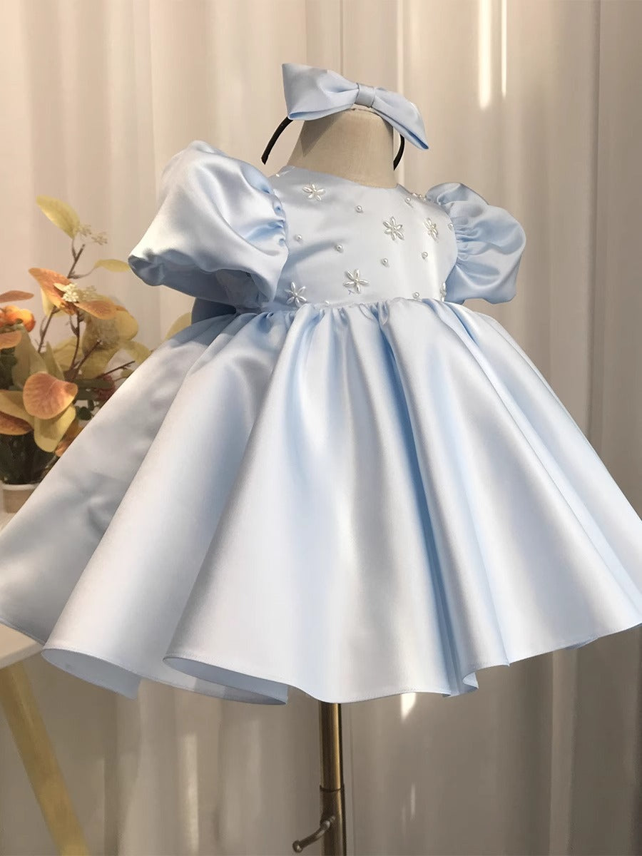 Abito Cerimonia Bambina Azzurro in Raso con Maniche a Palloncino