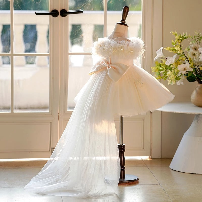 Abito Cerimonia Bambina Avorio con Strascico e Fiori in Tulle