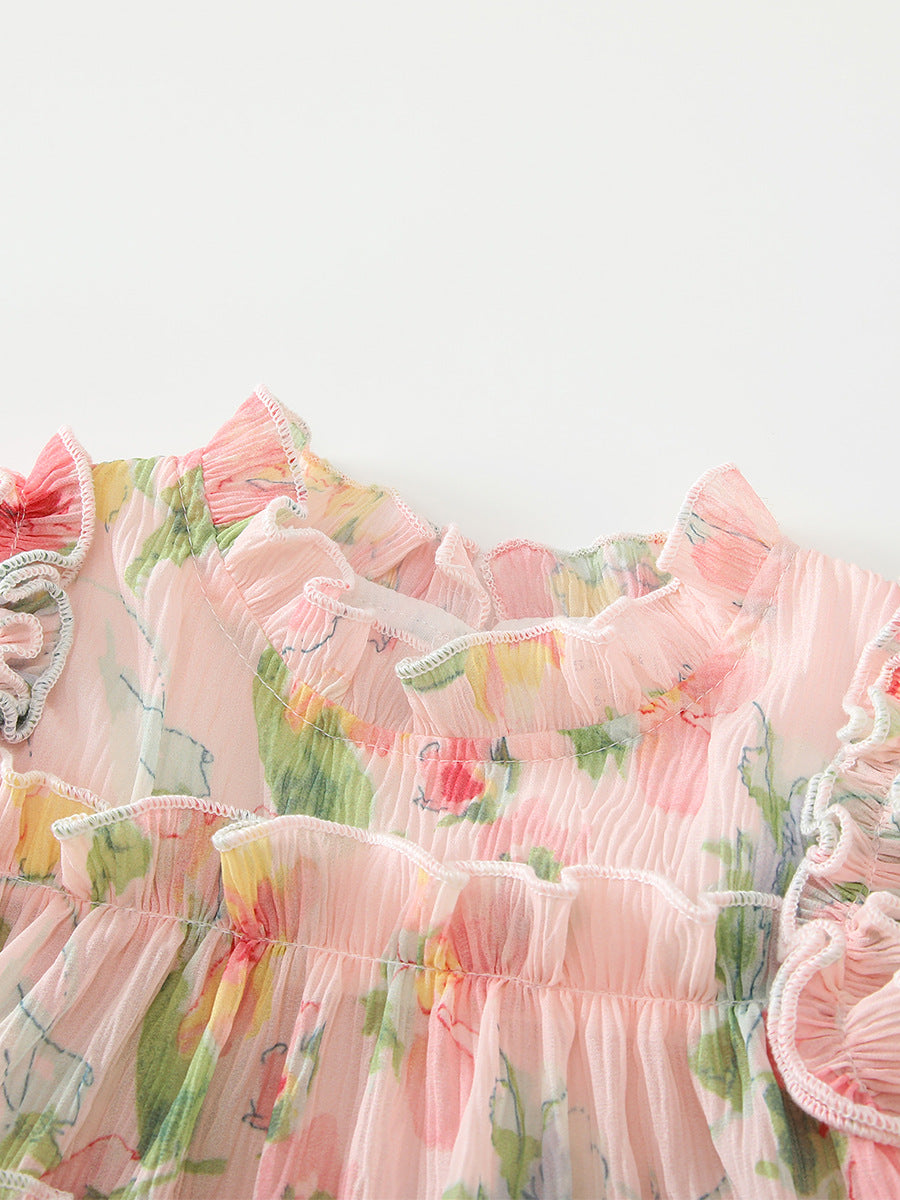 Completo Estivo Bimba  Blusa Floreale con Volant e Pantaloni Leggeri