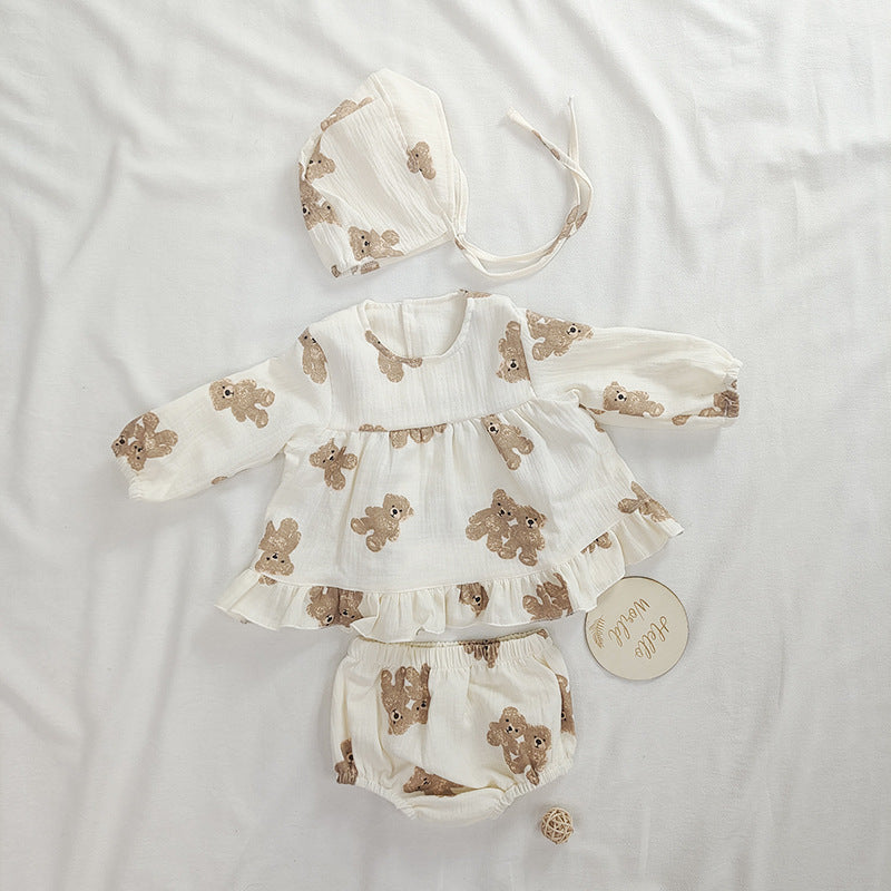 Set 3 pezzi bambina con stampa orsetto - maglia, bloomers e cappellino
