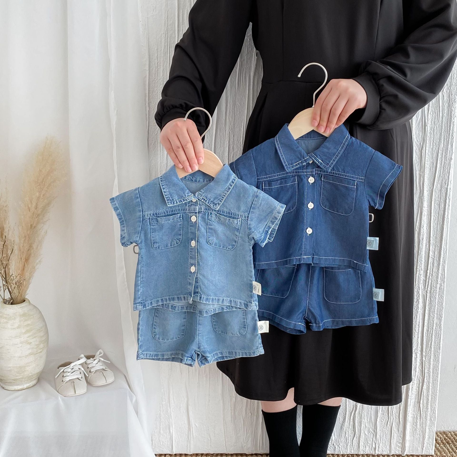 Completo denim estivo bambino/a   Camicia e pantaloncini in jeans