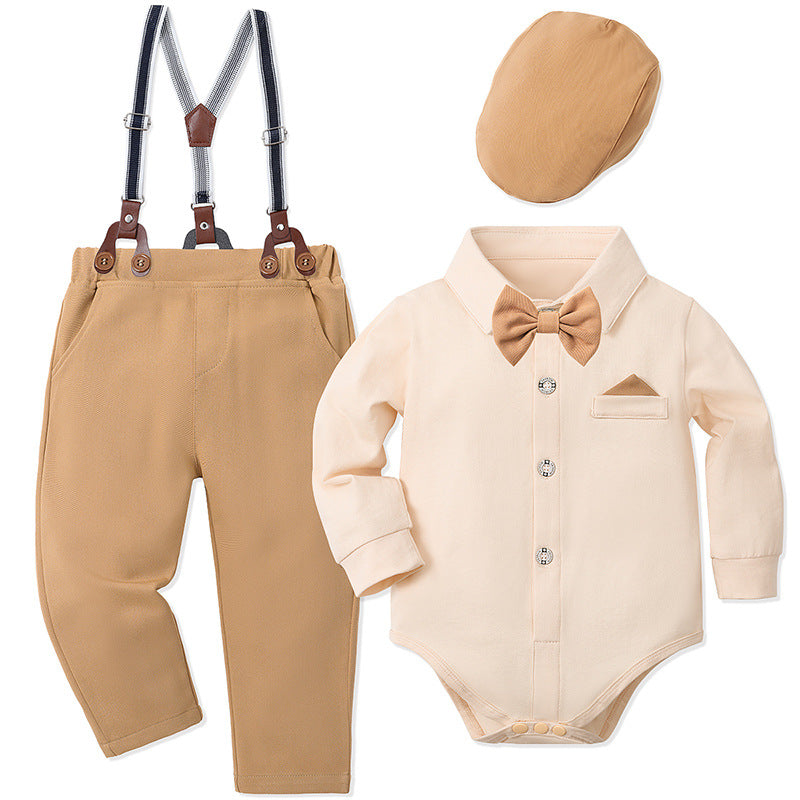 Elegante Completo per Bambino con Papillon e Bretelle  beige