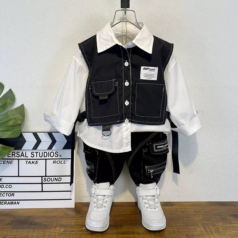 Completo Bambino Stile Streetwear  Camicia, Gilet Utility e Pantaloni Cargo