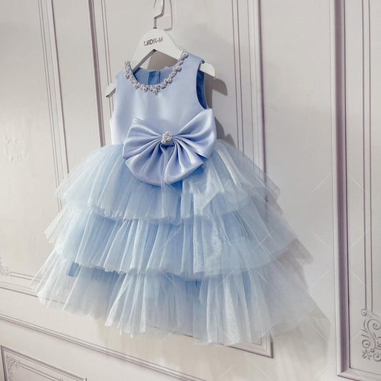 Abito da Cerimonia Bimba Azzurro con Fiocco e Gonna a Balze