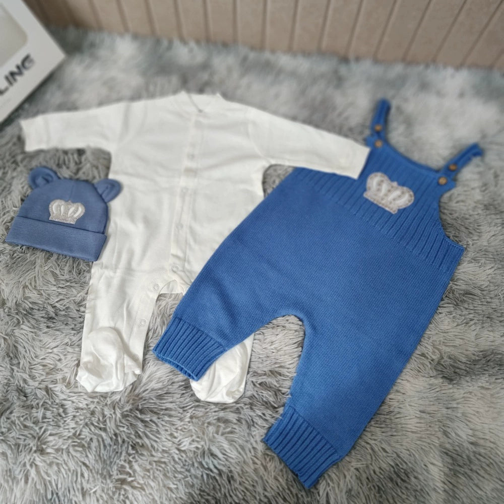Completo tutina neonato principe azzurro con corona Salopette + Body + Cappellino
