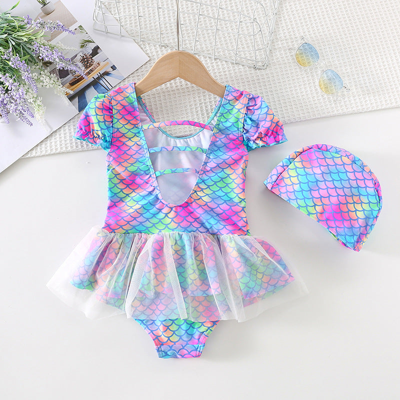 Costume Intero Bambina Sirena con Gonna in Tulle e Cuffia Coordinata