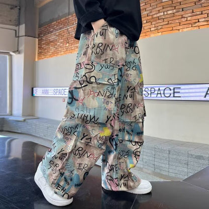 Pantaloni Streetwear Oversize in Cotone e Poliestere – Stampa Graffiti Unisex