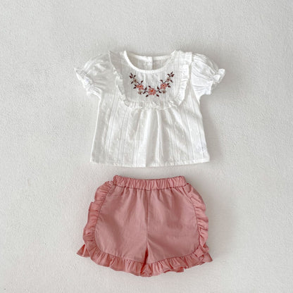 Completo Neonata/ Bimba Ricamato – Top Bianco & Shorts Rosa con Volant