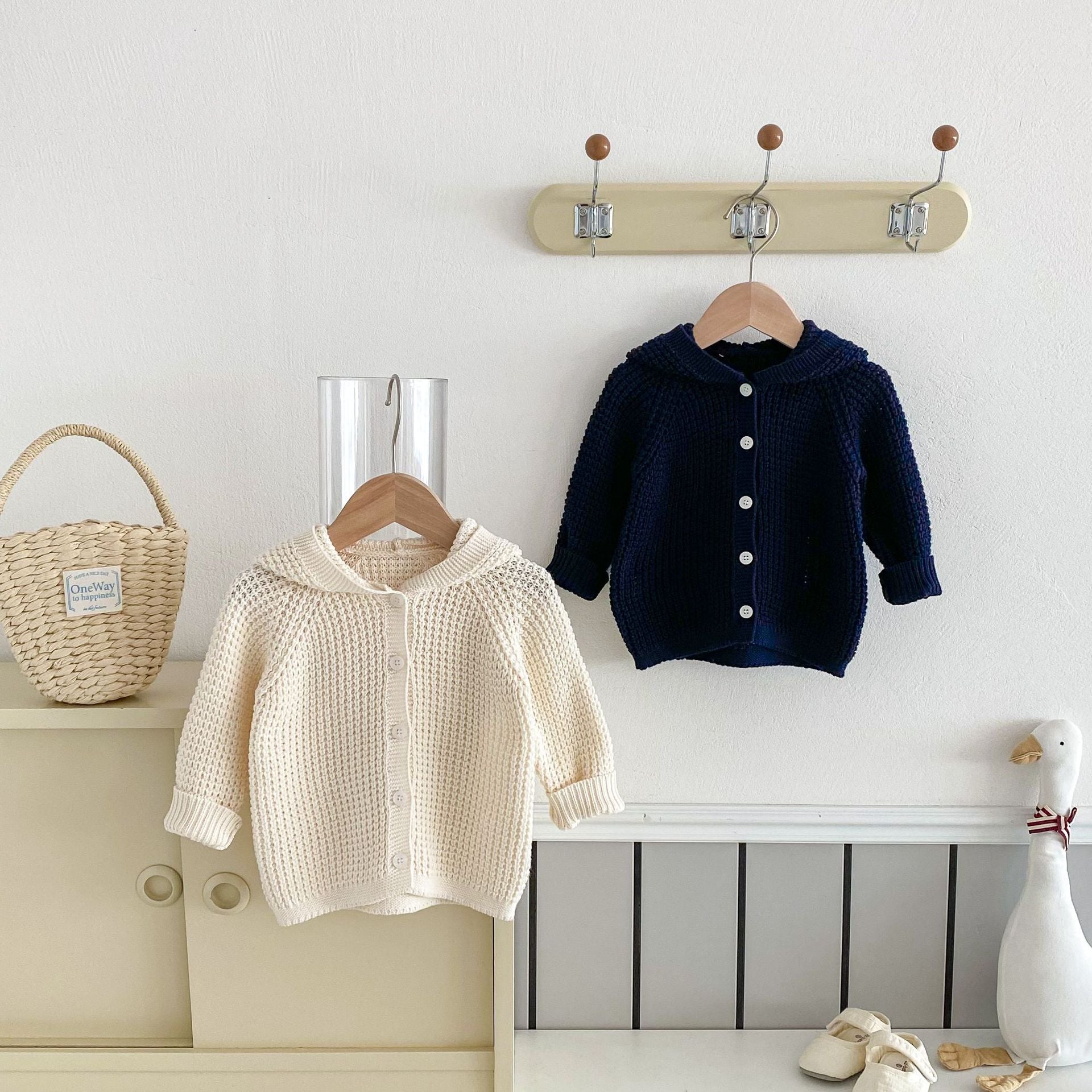 Cardigan Neutro Bimba/ Bimbo con Cappuccio e Orecchie – Maglia Morbida in Cotone