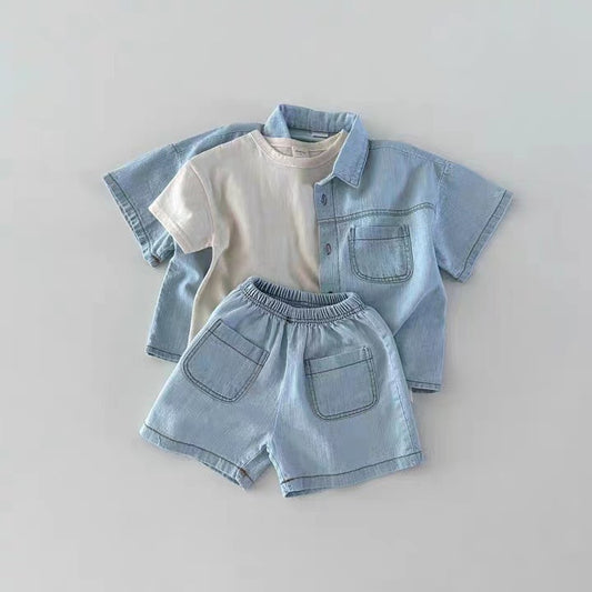 Set 3 Pezzi Bambino in Denim e Cotone