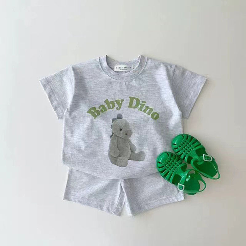 Completo Estivo Bambino “Baby Dino”  T-Shirt + Shorts Grigio Chiaro