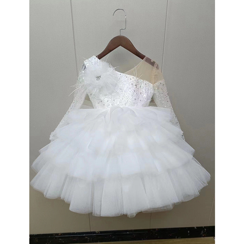 Abito da Cerimonia Bambina Monospalla in Tulle Bianco con Fiore e Maxi Balze