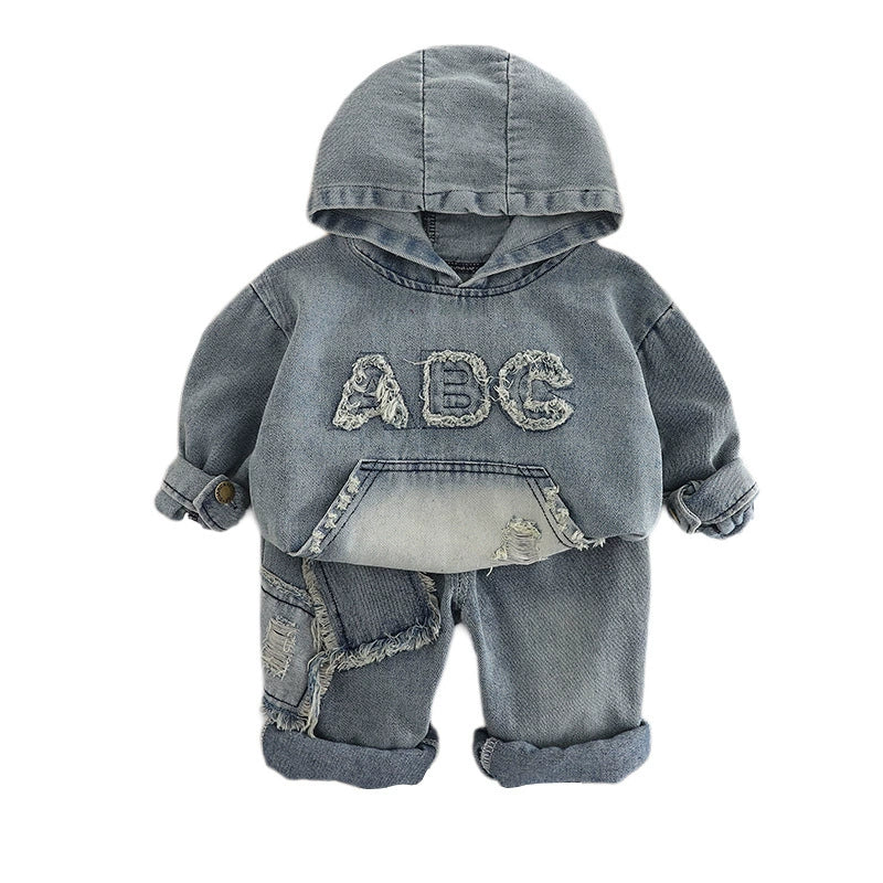 Completo denim streetwear per bimbo  Felpa con cappuccio e jeans