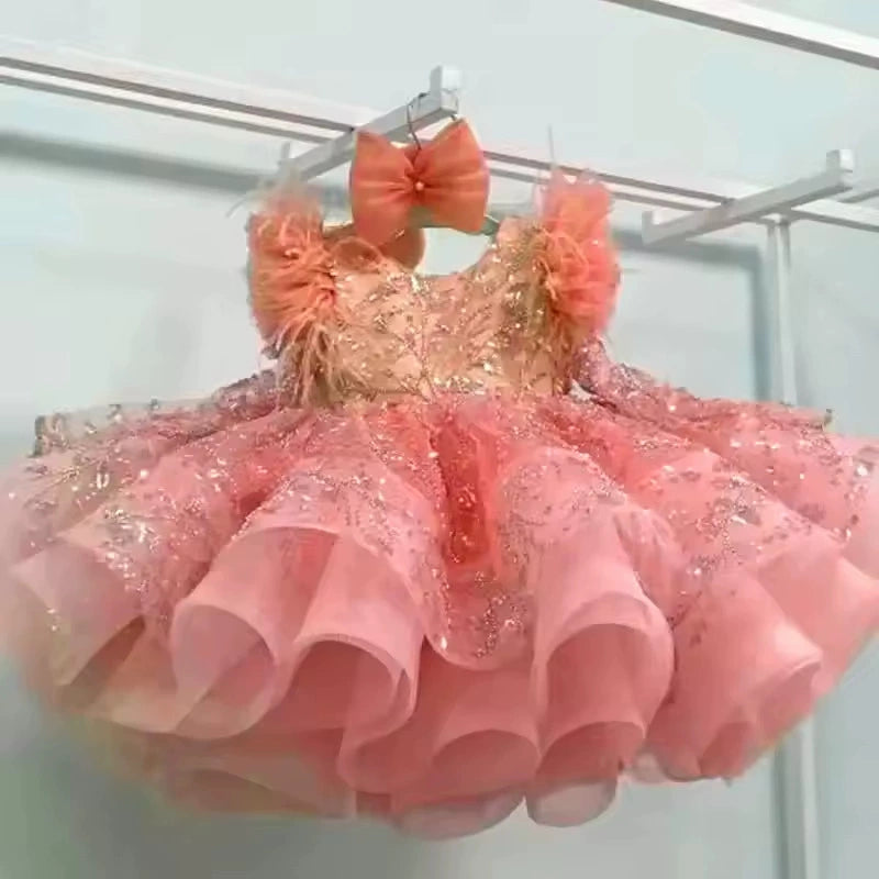 Vestito cerimonia elegante bambina con piume e ricami glitter