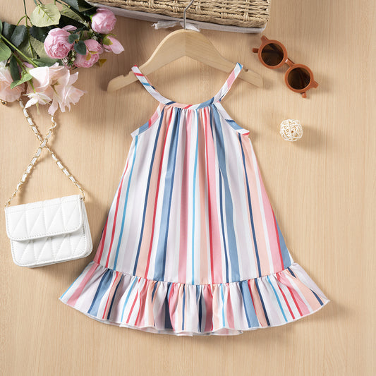 Vestito Estivo Bimba a Righe Colorate  Spalline Sottili e Volant