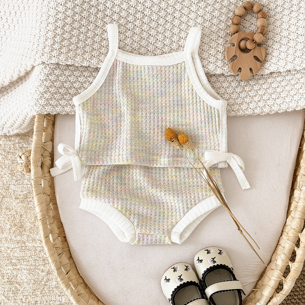 Coordinato estivo neonata in maglia waffle con fiocchi laterali