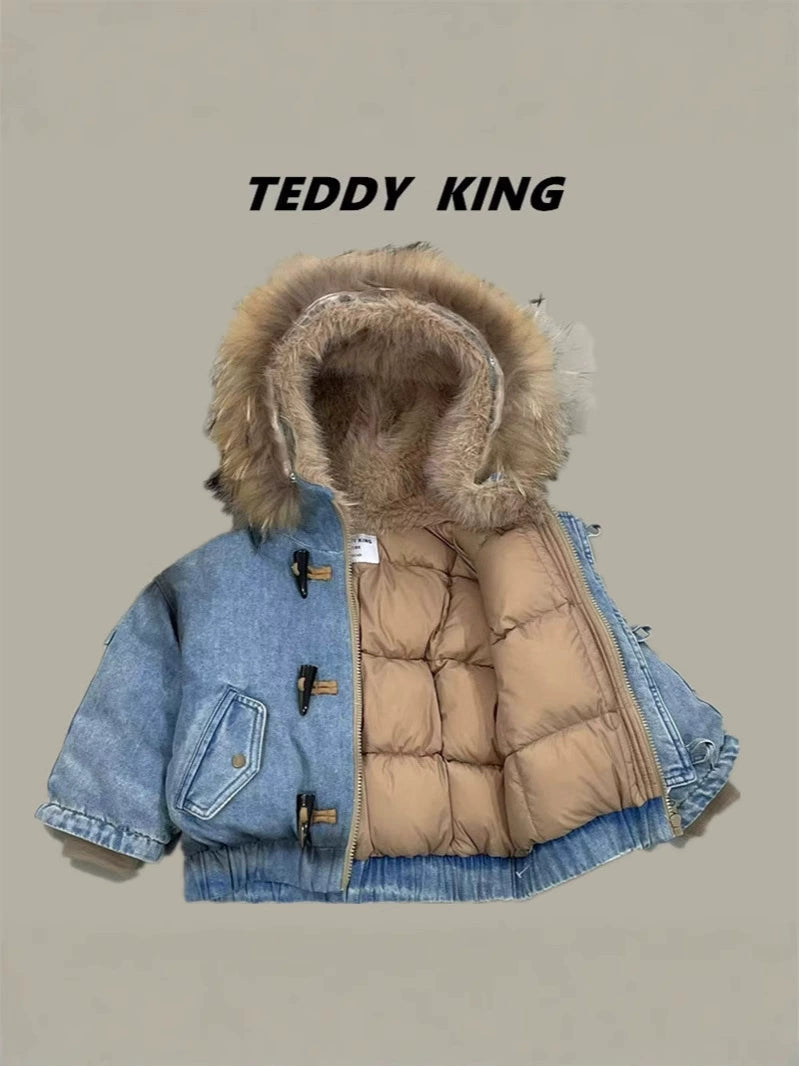 Giubbotto Bimbo in Jeans con Interno Teddy – Cappuccio con Pelliccia