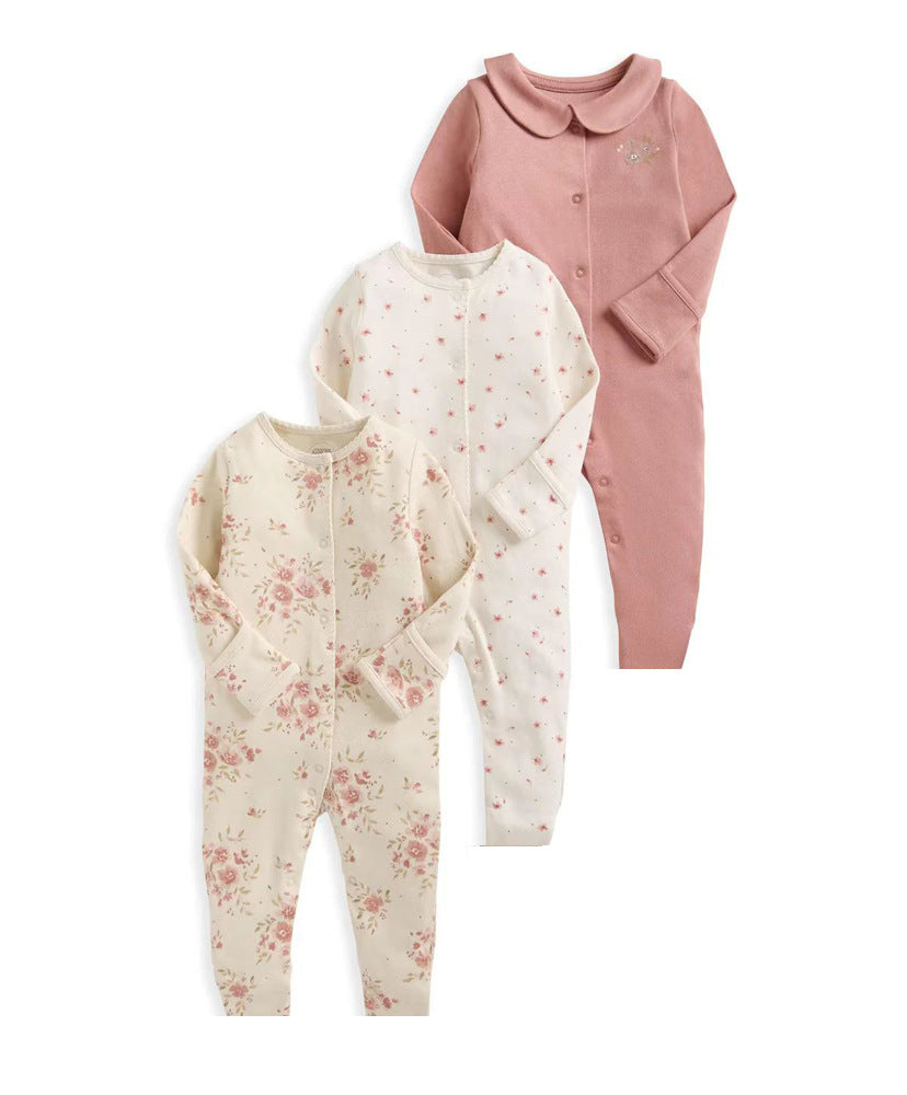 Set 3 Tutine Neonata/ Bimba in Cotone – Rosa Antico, Fiori e Colletto Elegante