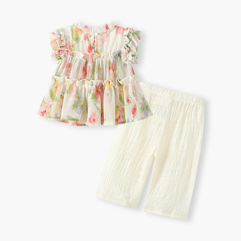 Completo Estivo Bimba  Blusa Floreale con Volant e Pantaloni Leggeri