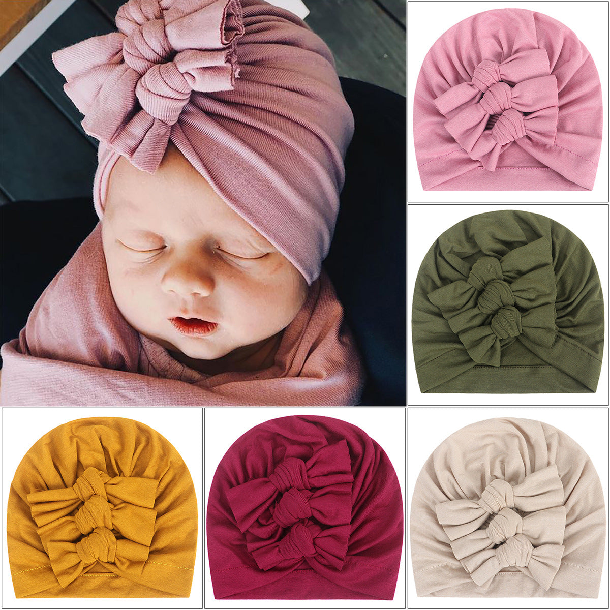 Turbante Neonato con Fiocco Cappellino Morbido in Cotone
