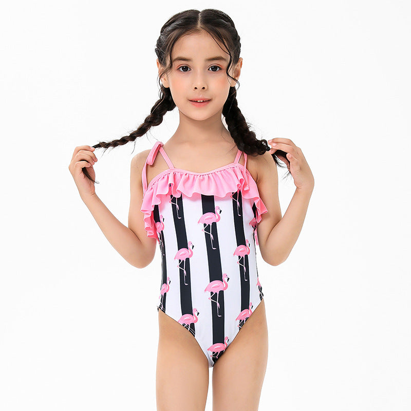 Costume intero bambina fantasia flamingo - righe bianche e nere con volant rosa