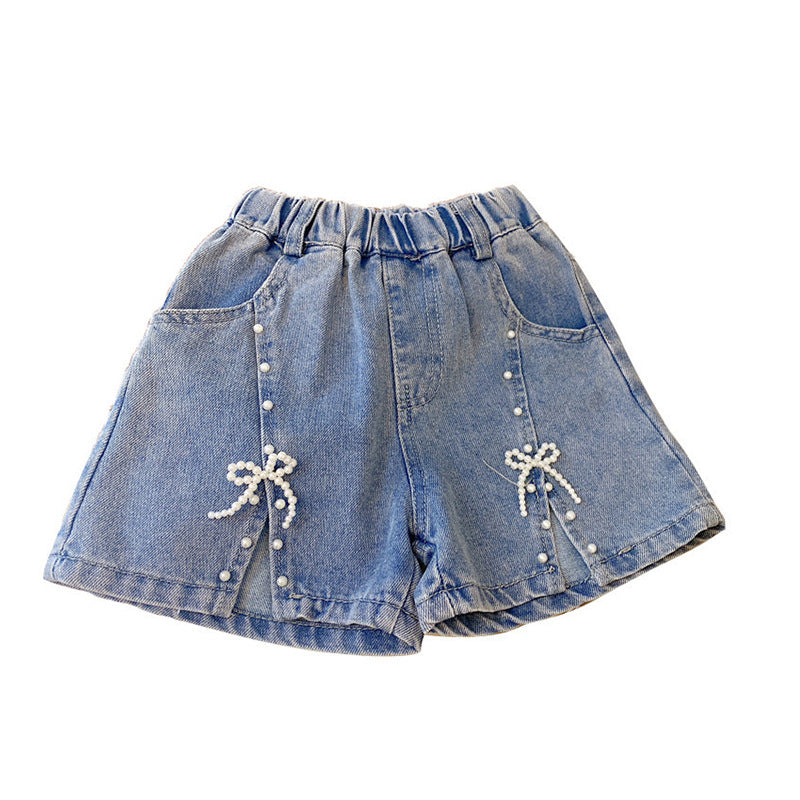 Shorts in Denim con Dettagli di Perle